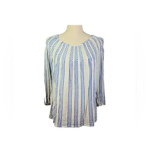 J. Jill Blouse White and Blue Striped Blouse Women’s Size M Smocked Neckline